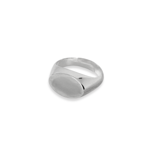 Anello Sigillo Ovale in ottone placcato rodio, superficie liscia ovale personalizzabile con incisione, gioiello elegante da donna
