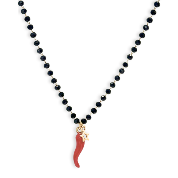 Collana Beata Te SerenaBi con cristalli neri e maxi corno rosso smaltato – gioiello portafortuna