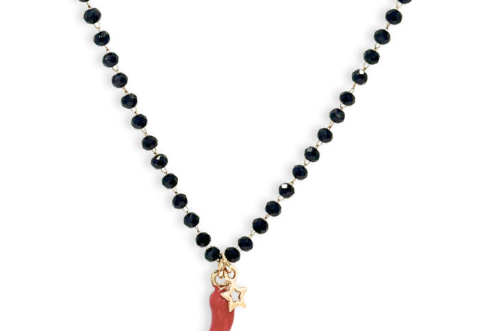 Collana Beata Te SerenaBi con cristalli neri e maxi corno rosso smaltato – gioiello portafortuna