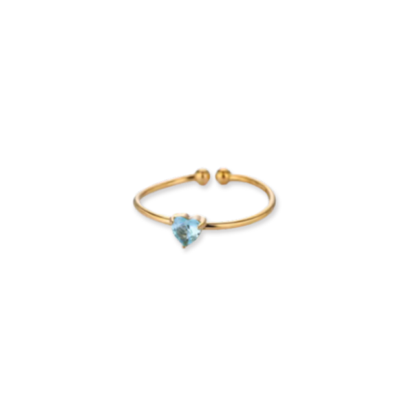 Anello birthstone con pietra a forma di cuore e design punto luce, regolabile e placcato oro giallo 18kt, elegante e luminoso, firmato SerenaBi.