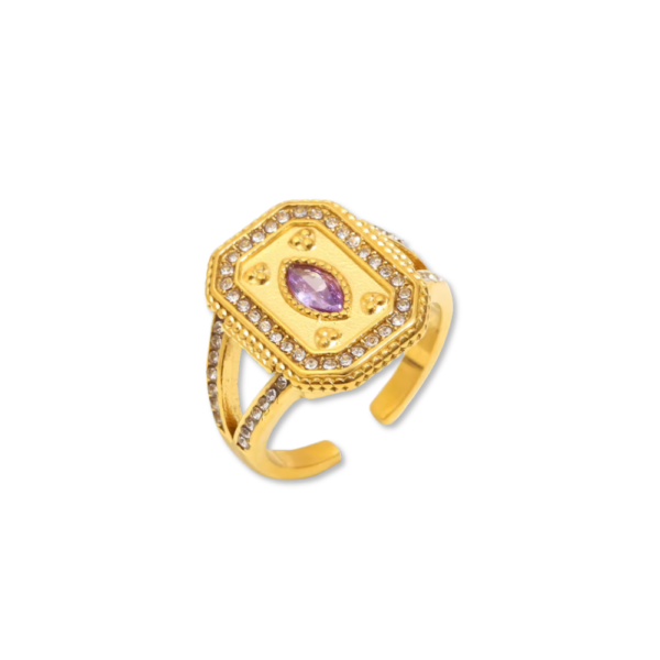 anello rettangolare con pietra viola regolabile acciaio dorato SerenaBi