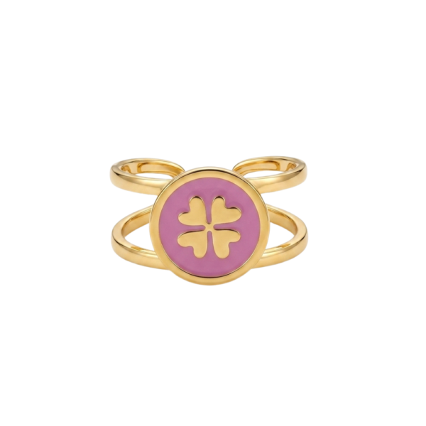 Anello Joy Clover con medaglia smaltata rosa e quadrifoglio dorato SerenaBi