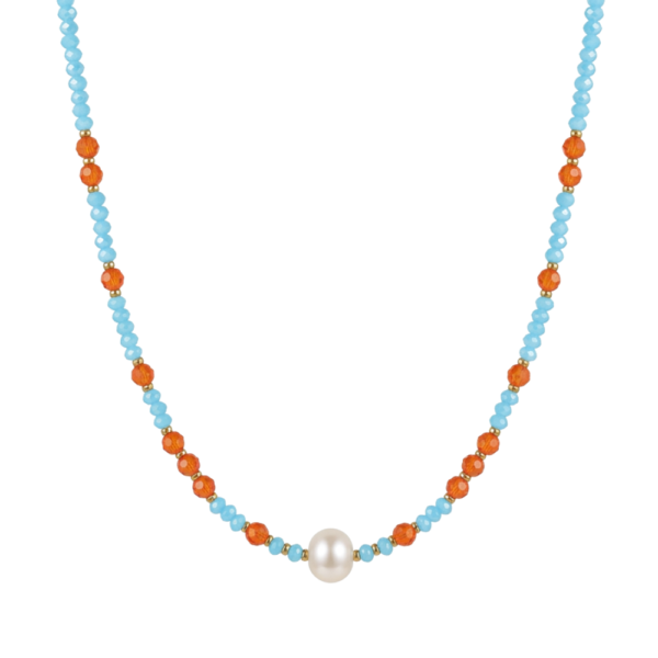 Collana Capri con cristalli turchesi e arancio, perla centrale e dettagli dorati SerenaBi