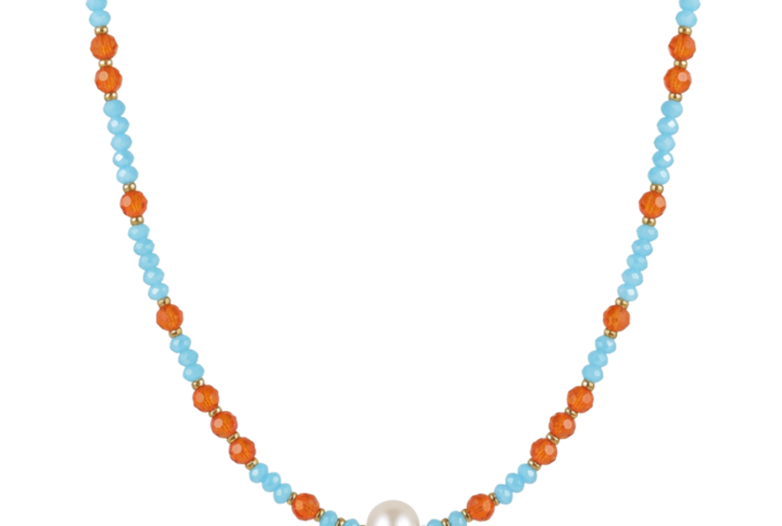 Collana Capri con cristalli turchesi e arancio, perla centrale e dettagli dorati SerenaBi