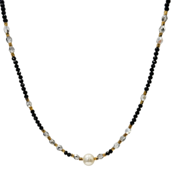 Collana Eclipse con cristalli neri e grigi, perla centrale e dettagli dorati SerenaBi